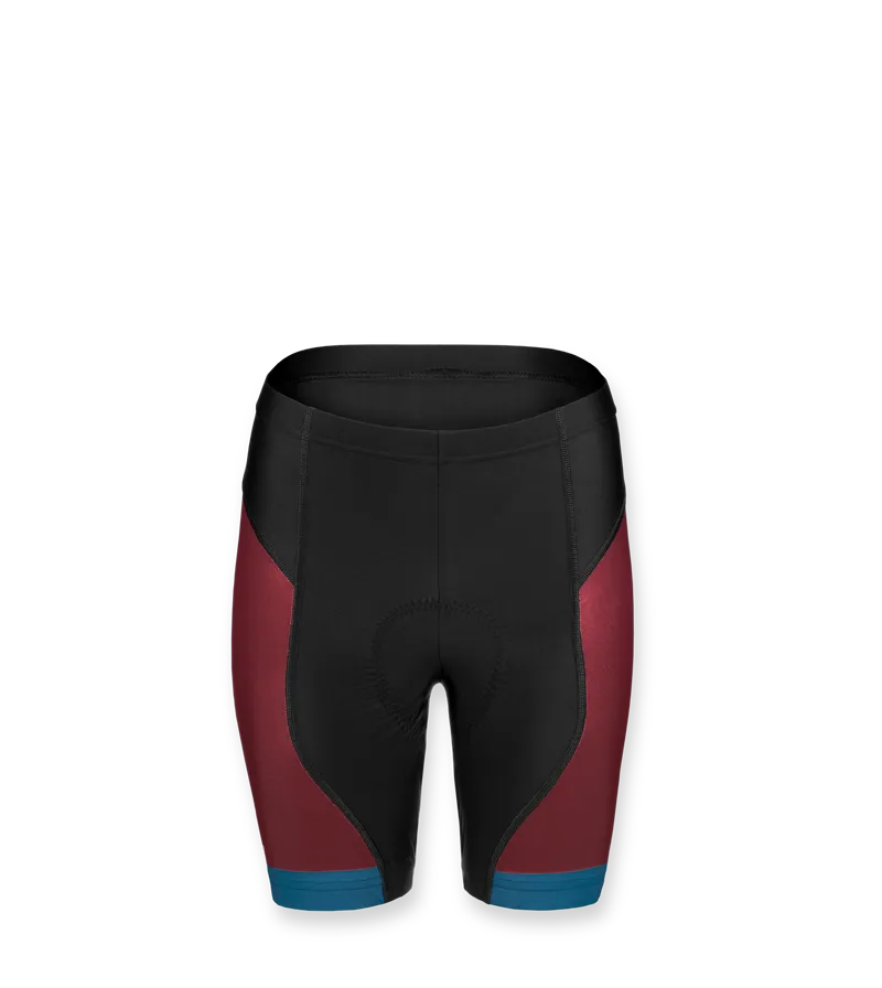 A women's cycling short by owayo in black with red side panels and blue trim at the hem.
