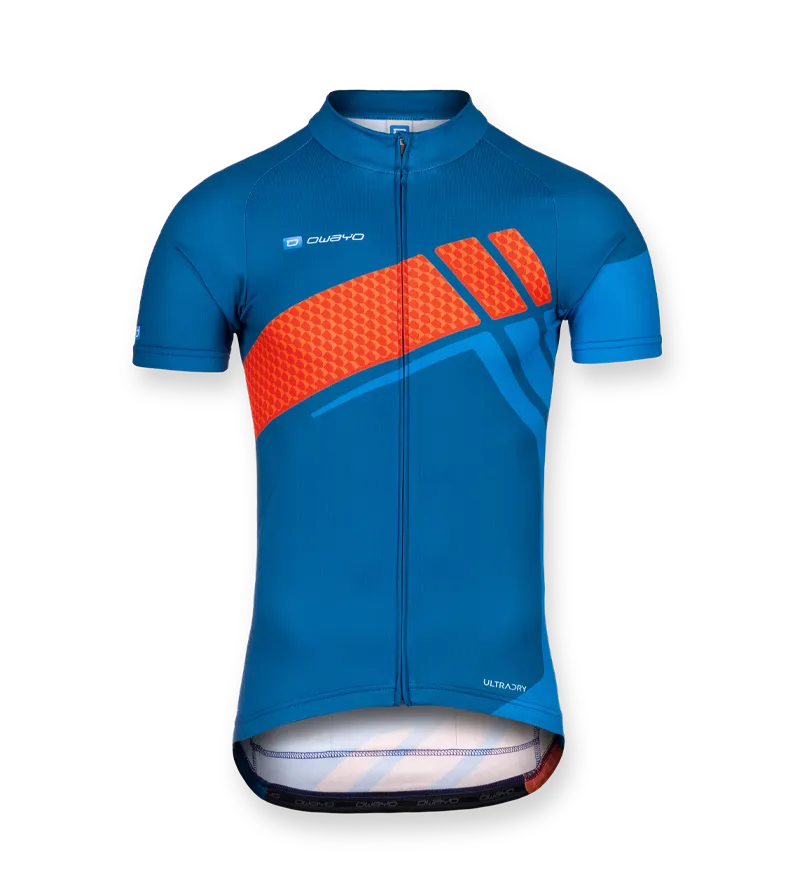 A blue and orange men's cycling jersey with short sleeves, a front zipper, and the owayo logo on the chest.