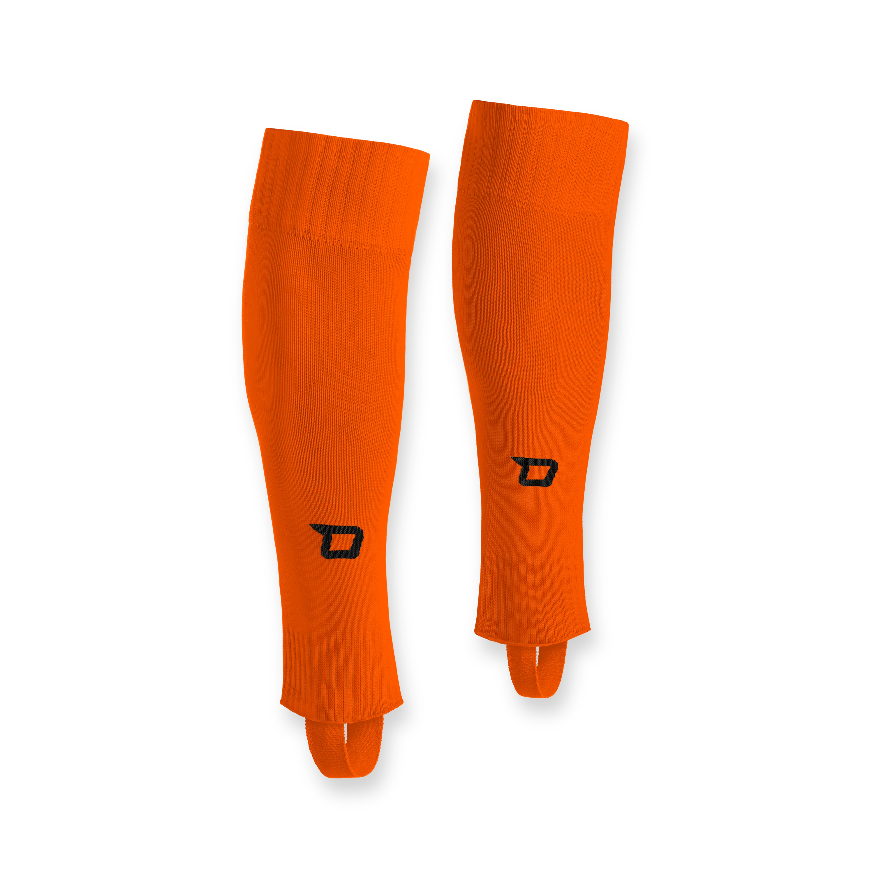 A pair of bright orange shin guards with a black logo on the side.