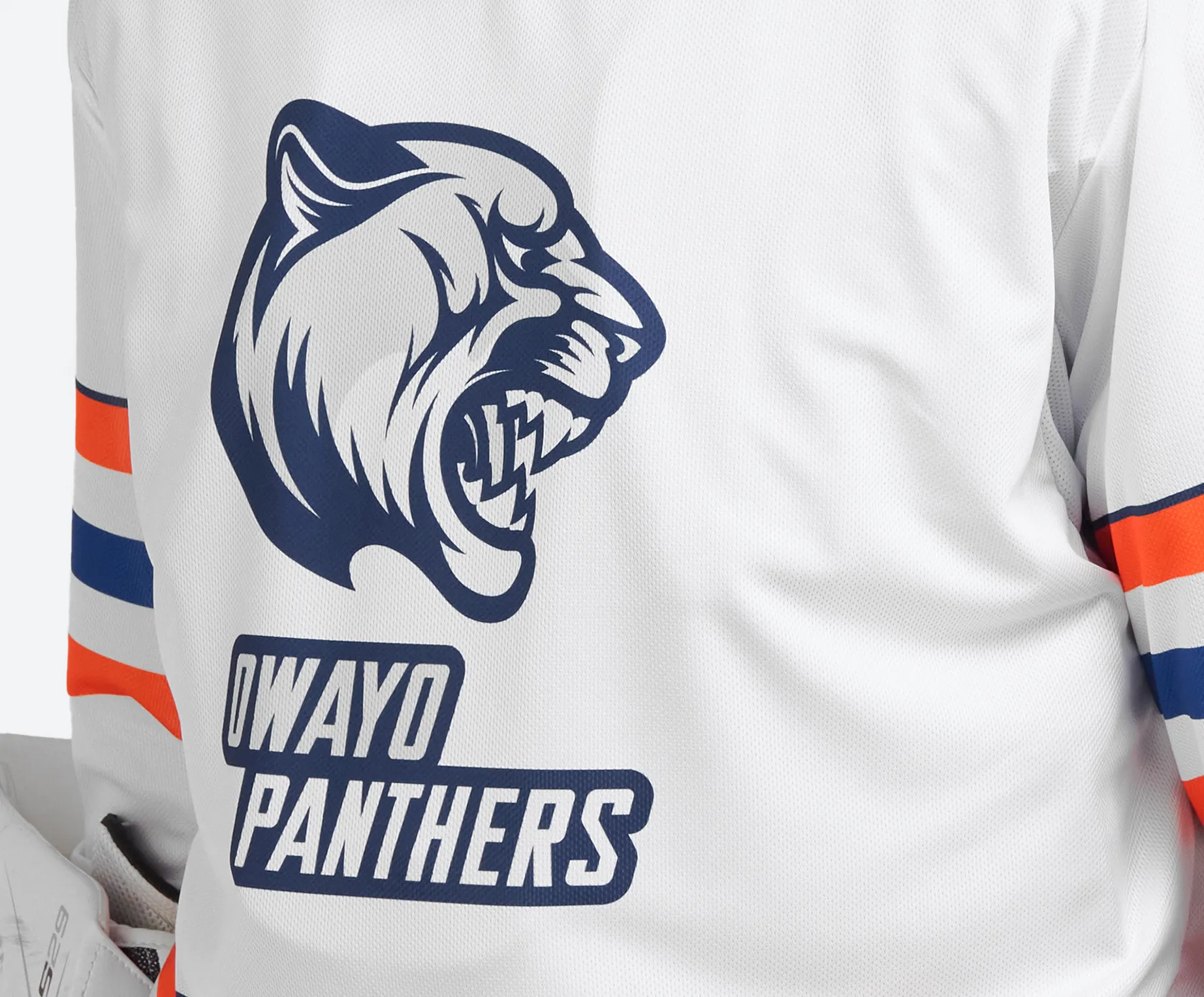 A white sports jersey featuring a large printed tiger head and the text 'owayo PANTHERS' in blue lettering on the back.