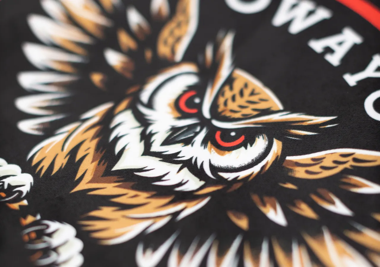 Close-up of a design featuring a stylized, fierce owl on a black background.