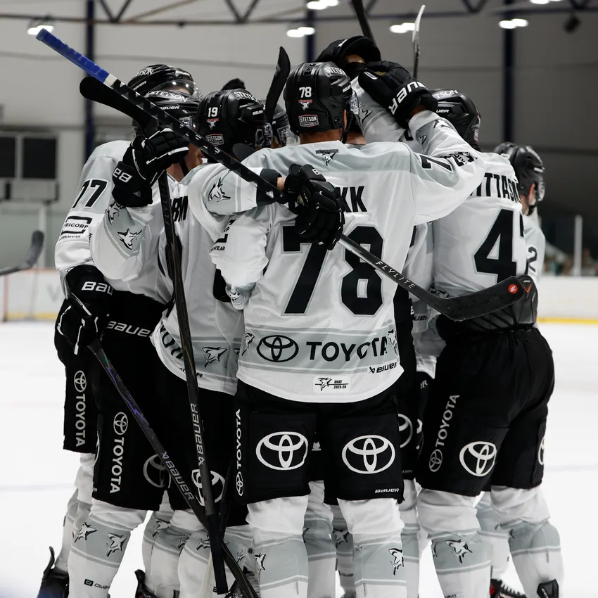 A group of ice hockey players in white and black jerseys embracing on the ice.