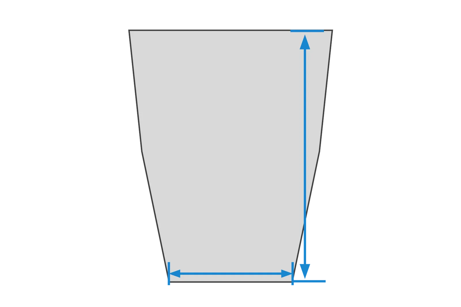 A graphic representation of a narrow, conical object with measurement lines for height and width.