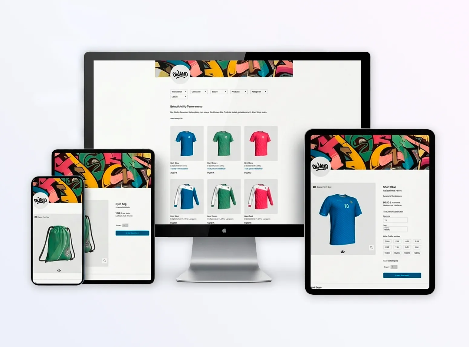 The owayo website is displayed across a desktop computer, tablet, and smartphone, showcasing sportswear and equipment.