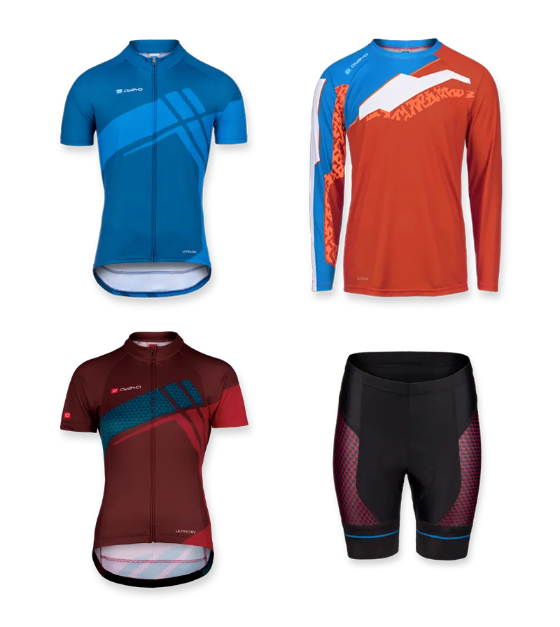 All products Overview of four different owayo cycling jerseys and a pair of cycling shorts, including a blue short-sleeve jersey, an orange long-sleeve jersey, a dark red short-sleeve jersey, and black cycling shorts with red and blue accents.