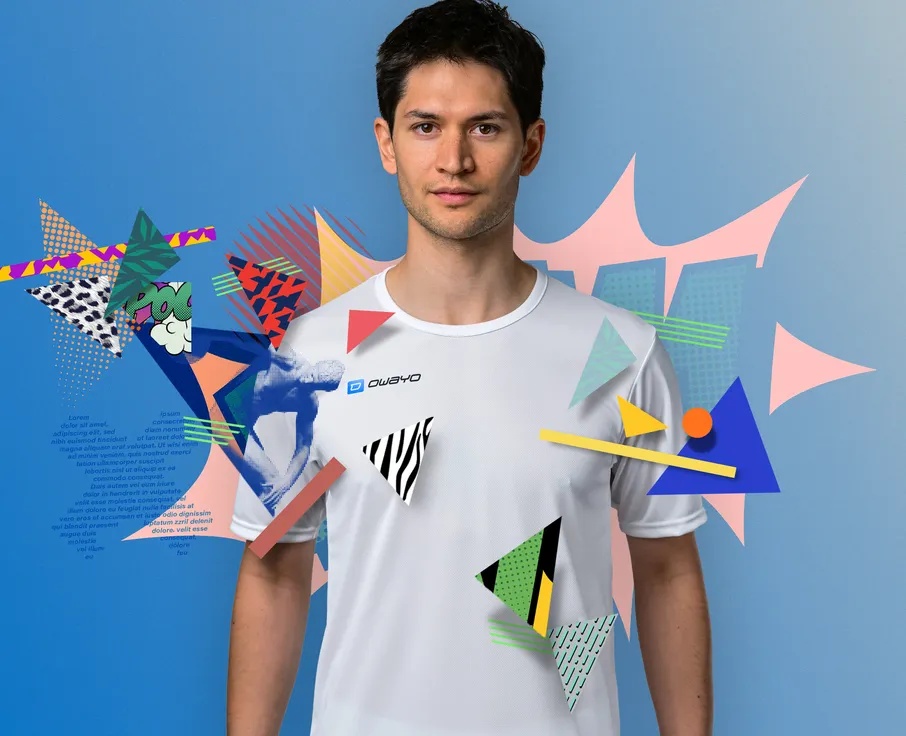 A man is wearing a white sports shirt and standing against a colorful, graphic background.