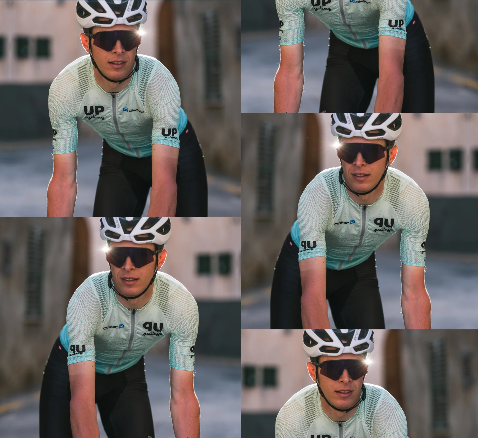 A cyclist wearing a custom light blue jersey with the 'UP cycling' and 'owayo' logo on the chest, riding on a street.